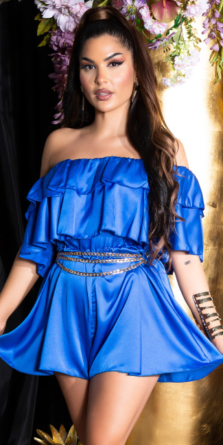 Off-Shoulder Satin- Look Ruffled Overall Blue